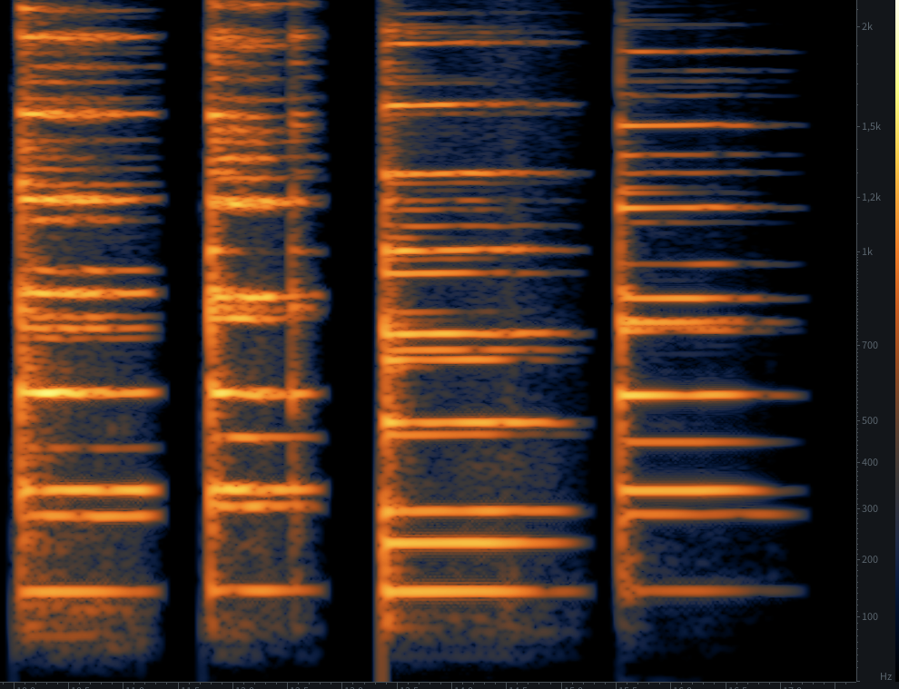 Voici le spectrogramme du son de plusieurs cloches accordées à la même note fondamentale. Les harmoniques sont très différentes.